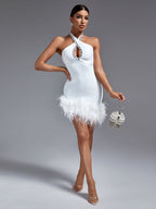Leilani Bandage Halter Dress with Rhinestone Cut Outs and Feathers