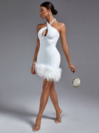 Leilani Bandage Halter Dress with Rhinestone Cut Outs and Feathers
