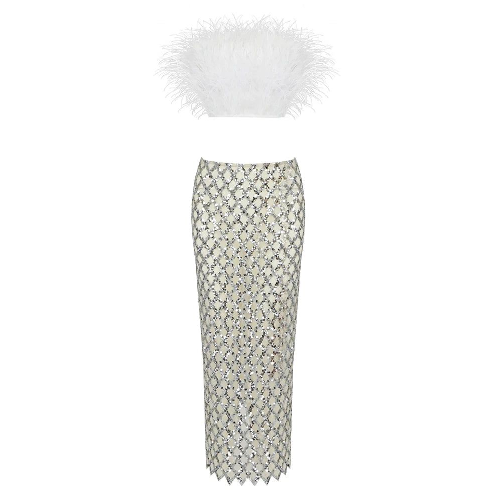 Libby Feather Top and Sequined Skirt Set