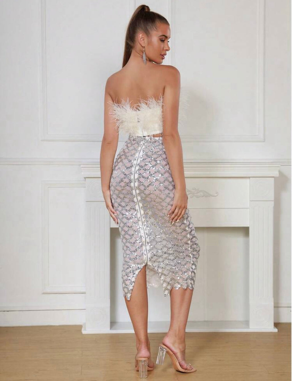 Libby Feather Top and Sequined Skirt Set