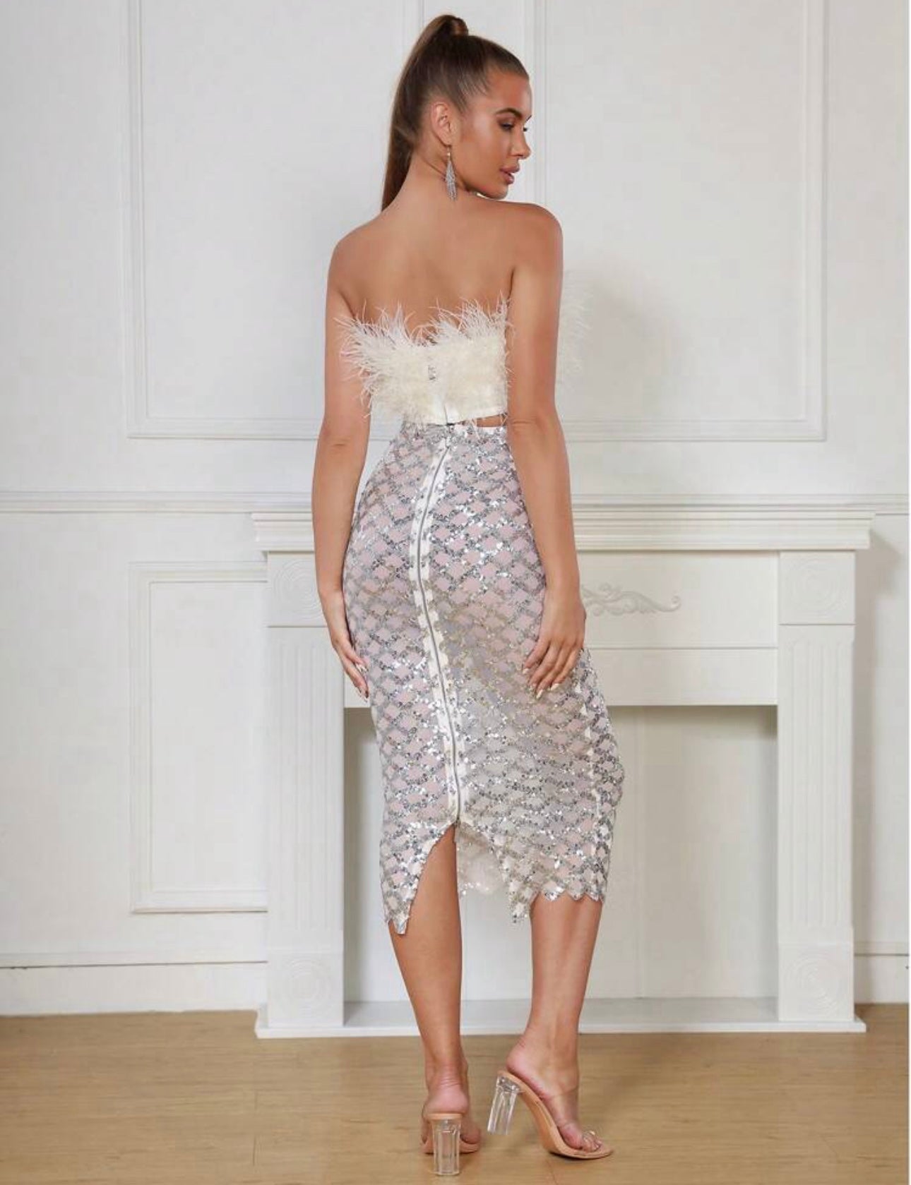 Libby Feather Top and Sequined Skirt Set