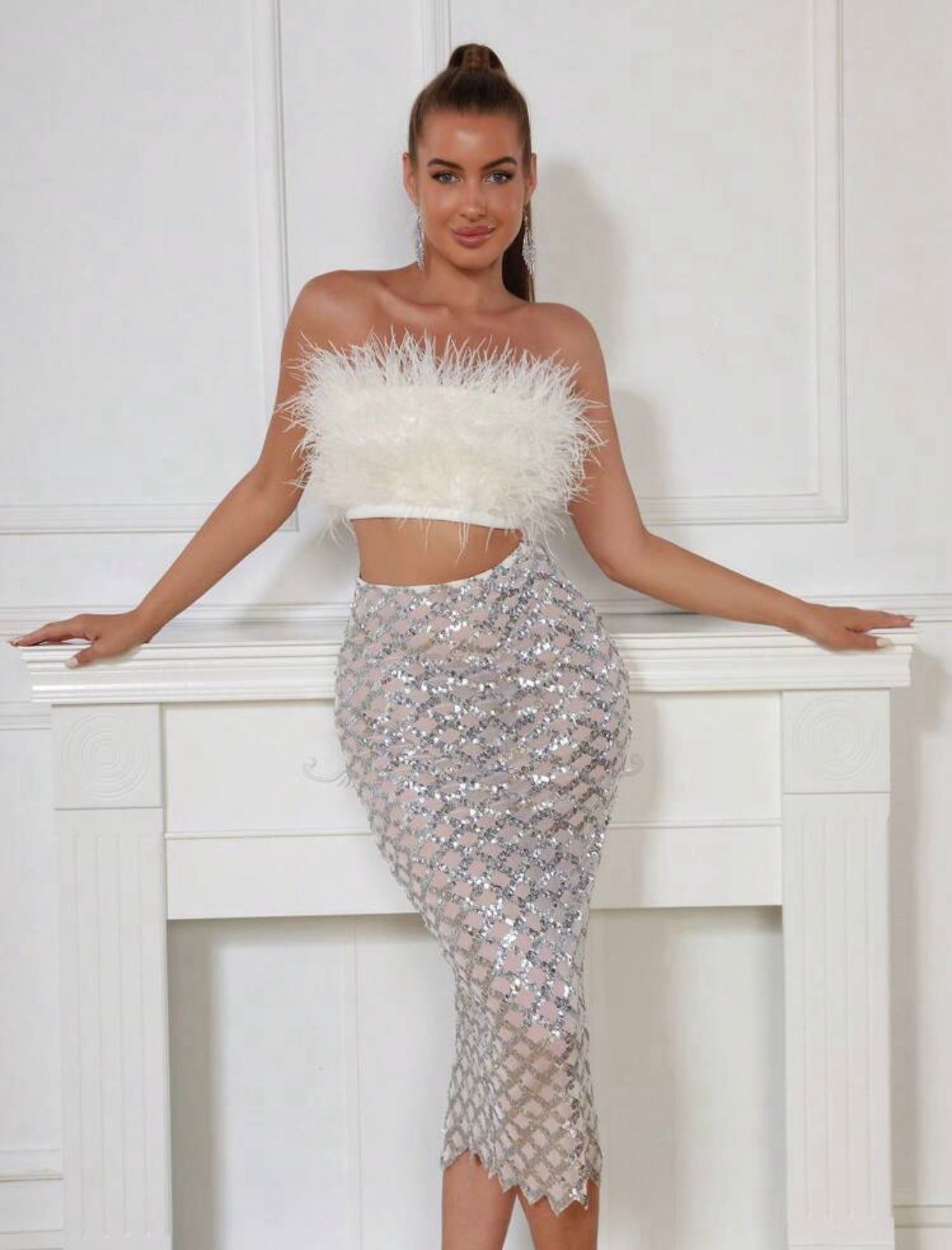 Libby Feather Top and Sequined Skirt Set