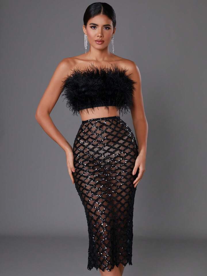 Libby Feather Top and Sequined Skirt Set