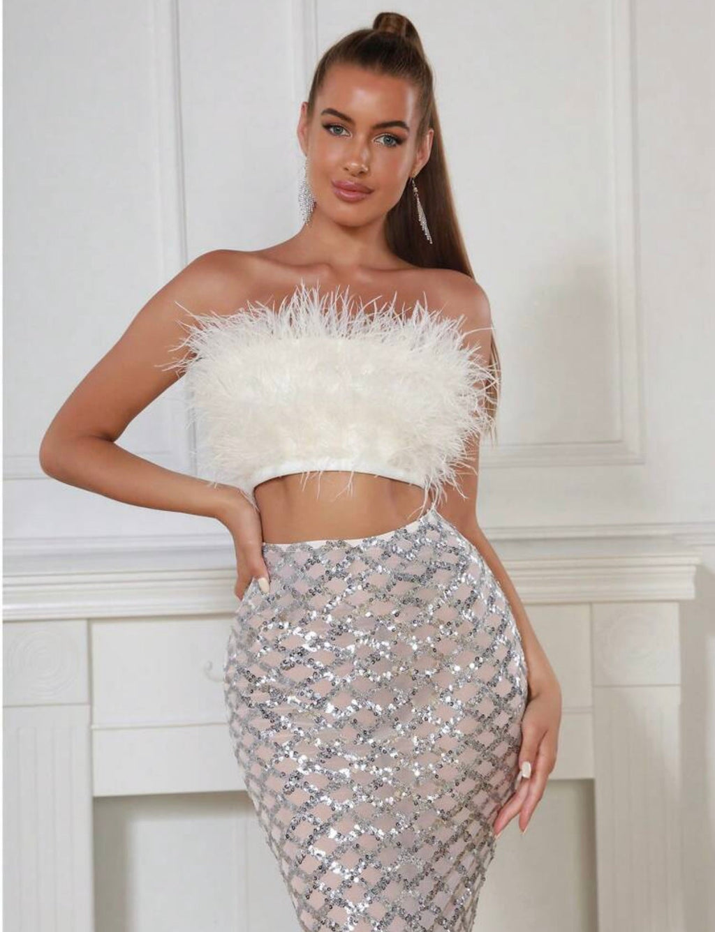 Libby Feather Top and Sequined Skirt Set