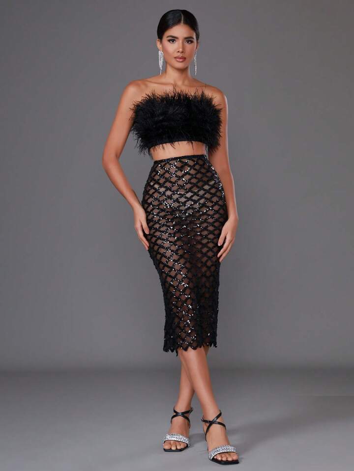 Libby Feather Top and Sequined Skirt Set