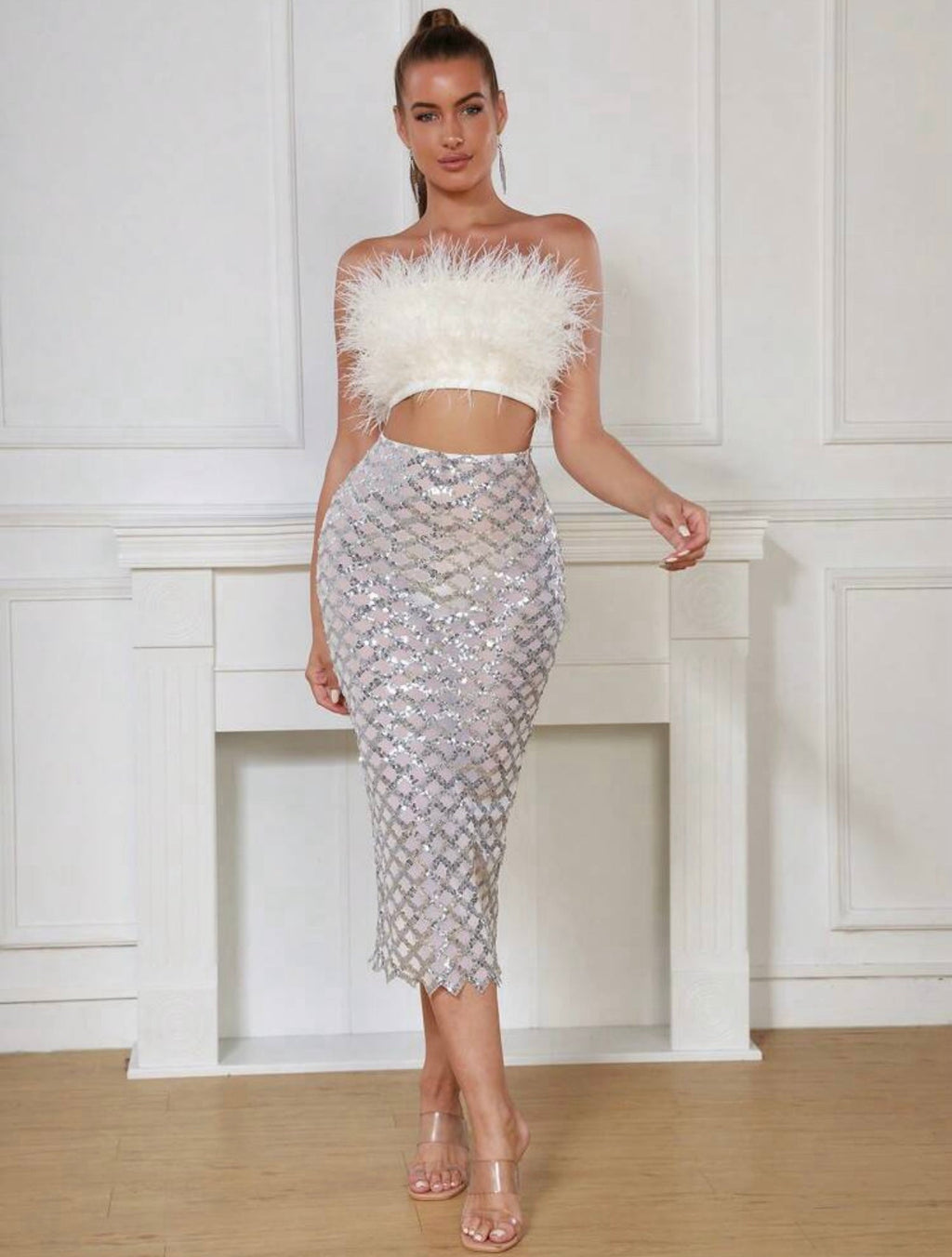Libby Feather Top and Sequined Skirt Set