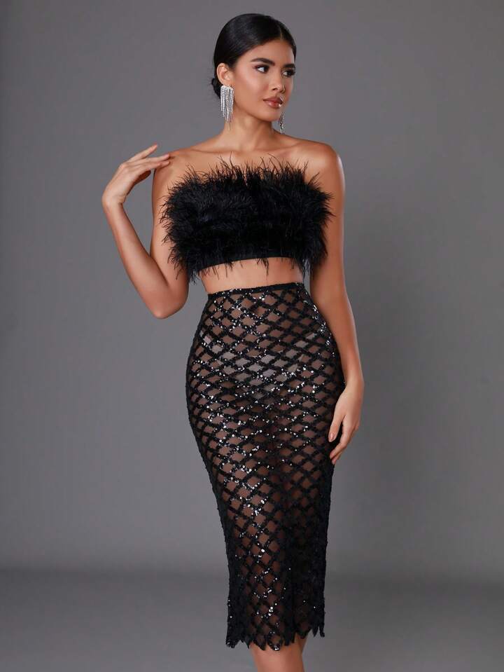 Libby Feather Top and Sequined Skirt Set