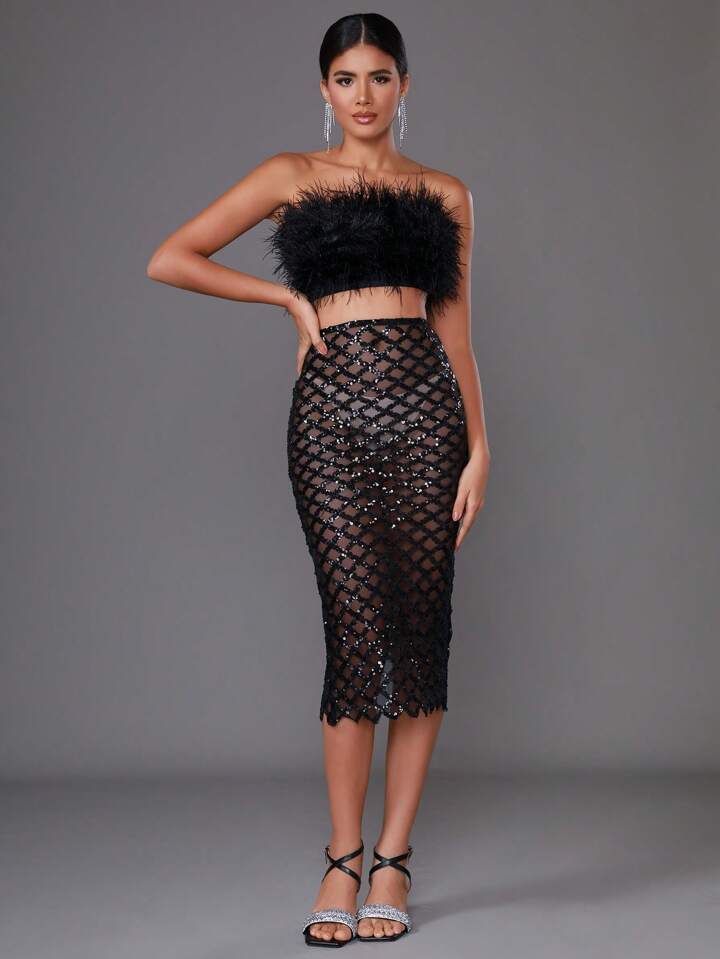 Libby Feather Top and Sequined Skirt Set