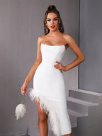 Mia Bandage Strapless Dress with Feather Hem