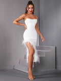 Mia Bandage Strapless Dress with Feather Hem