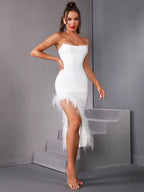 Mia Bandage Strapless Dress with Feather Hem