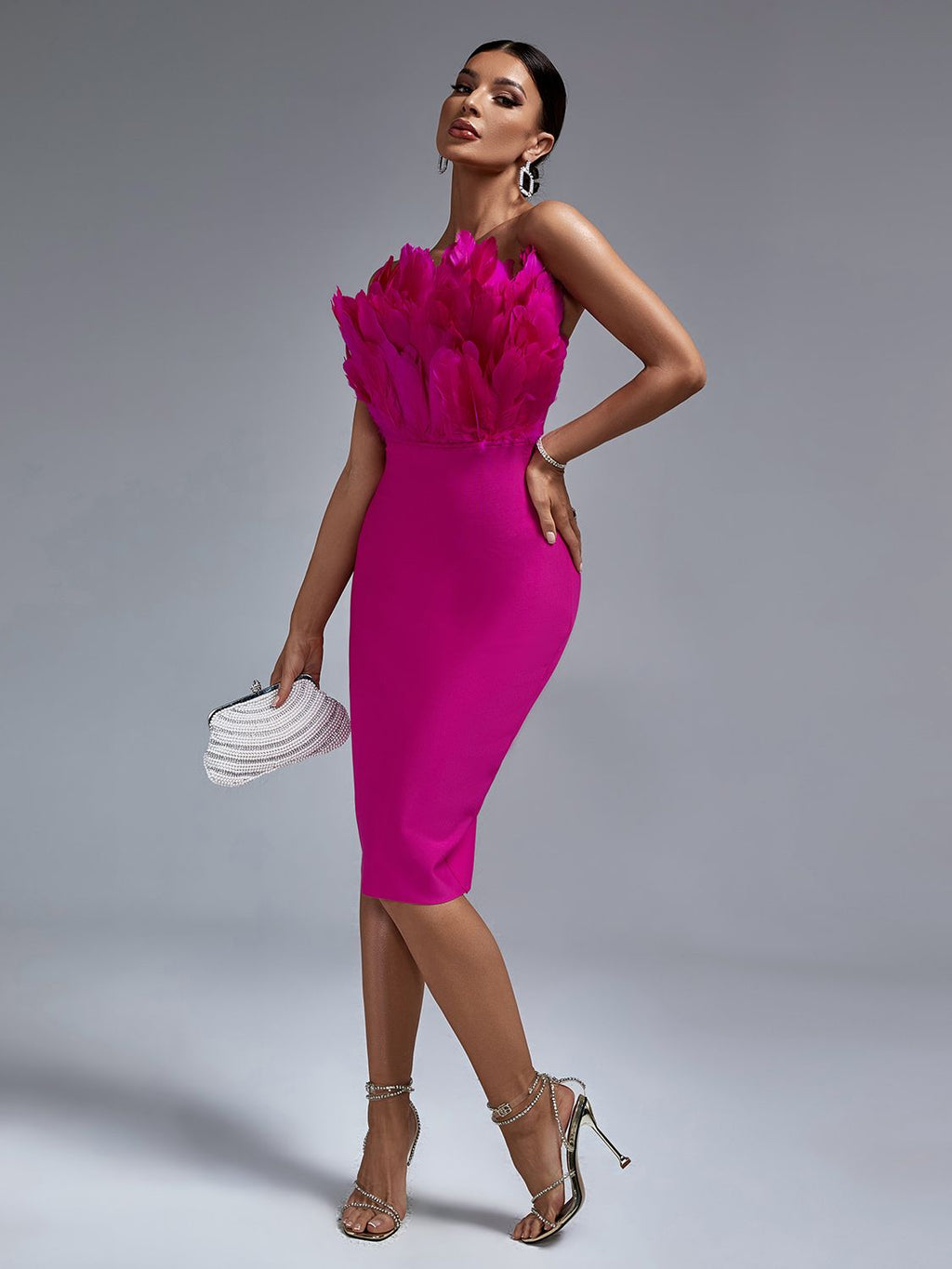 Nathalia Strapless Bandage Dress with Feather Detail