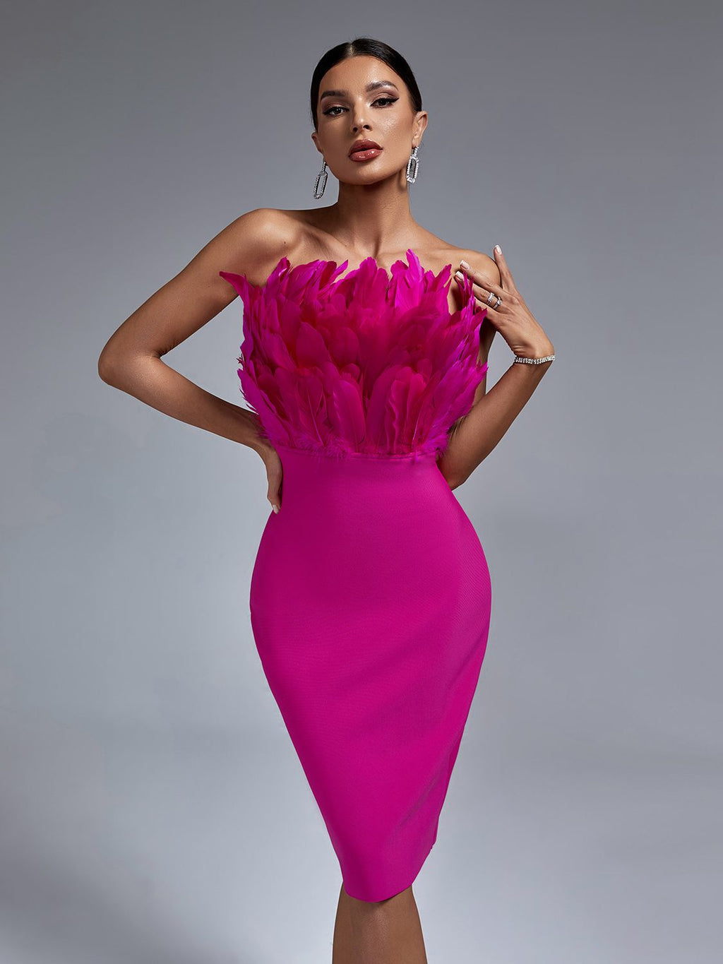 Nathalia Strapless Bandage Dress with Feather Detail