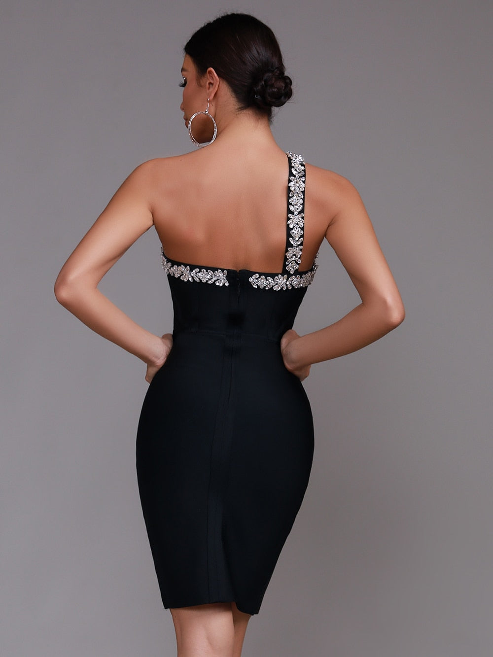 Sonia One Shoulder Rhinestone Bandage Dress - Rhinestone Detail