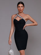 Sonia One Shoulder Rhinestone Bandage Dress - Rhinestone Detail