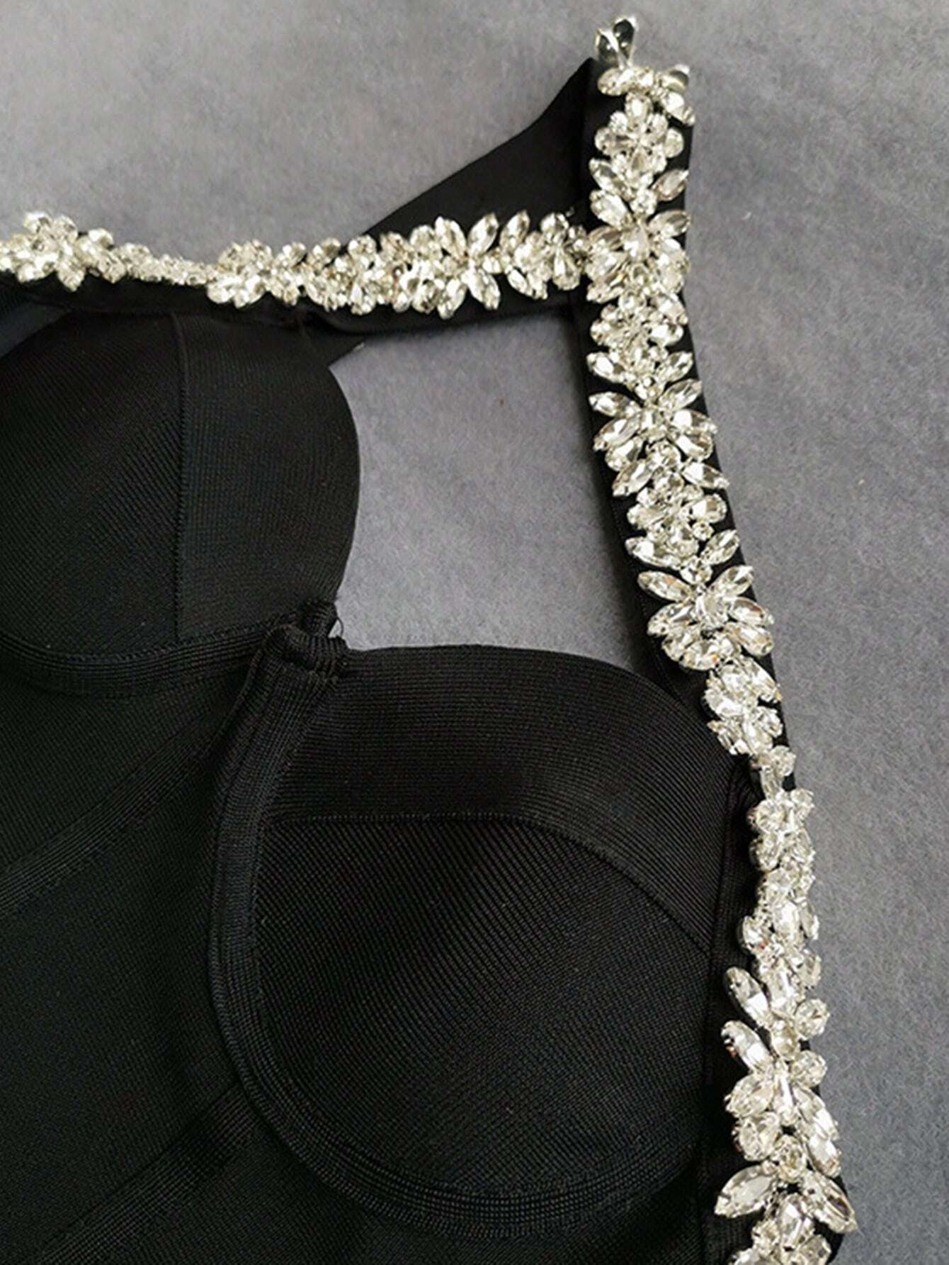 Sonia One Shoulder Rhinestone Bandage Dress - Rhinestone Detail