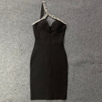 Sonia One Shoulder Rhinestone Bandage Dress - Rhinestone Detail