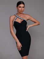 Sonia One Shoulder Rhinestone Bandage Dress - Rhinestone Detail