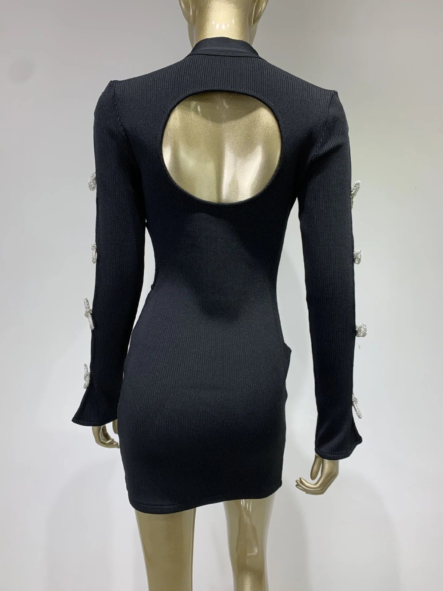 Long Sleeve Bandage Dress with Cut Out Rhinestone Bows