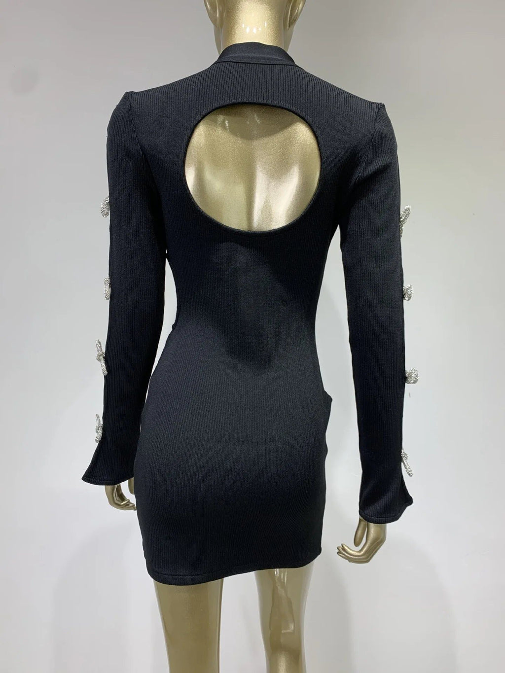 Long Sleeve Bandage Dress with Cut Out Rhinestone Bows