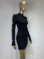 Long Sleeve Bandage Dress with Cut Out Rhinestone Bows