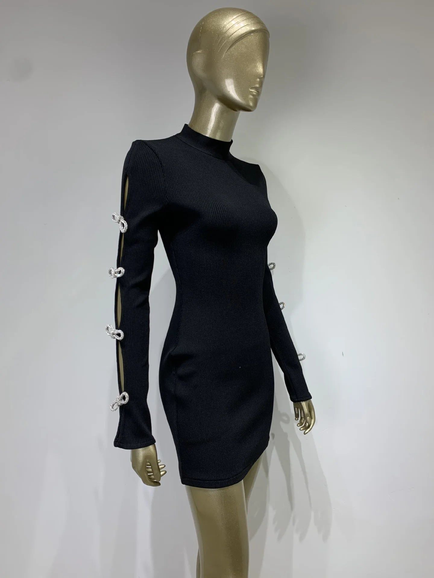 Long Sleeve Bandage Dress with Cut Out Rhinestone Bows