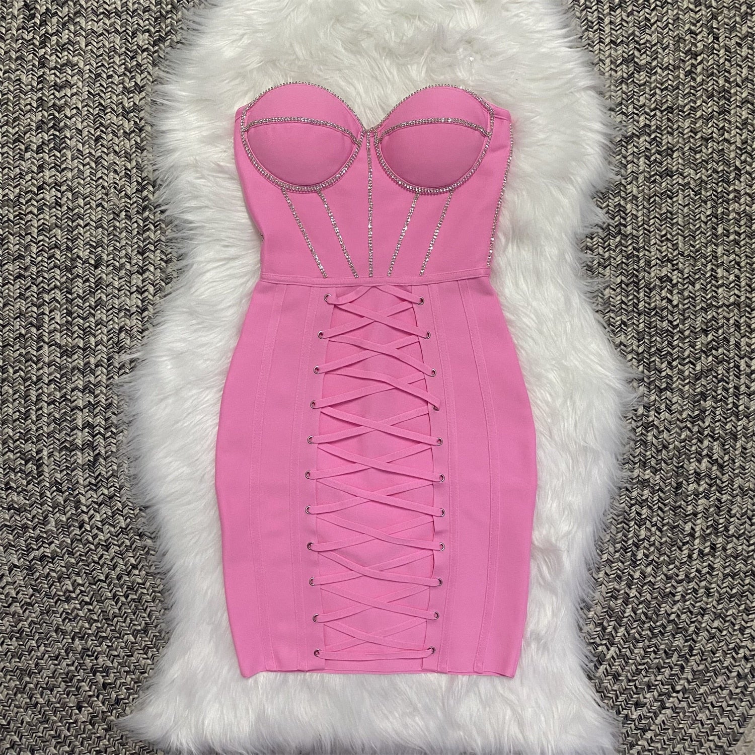 Xenia Bandage Dress with Laced Up Rhinestone Detail