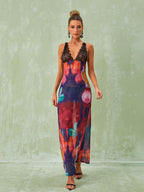 Svea Lace Floral Printed Maxi Dress In Red