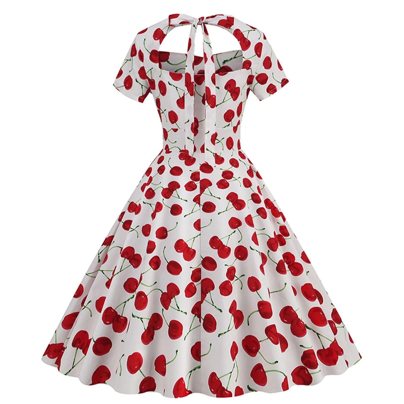 Fruit Print Keyhole Tie Neck Cap Sleeve High Waist Swing Midi Dress