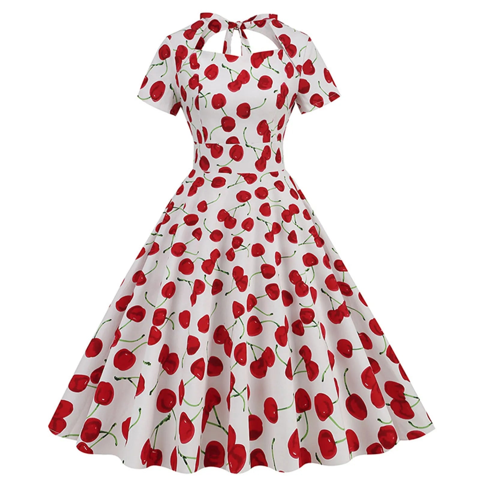 Fruit Print Keyhole Tie Neck Cap Sleeve High Waist Swing Midi Dress
