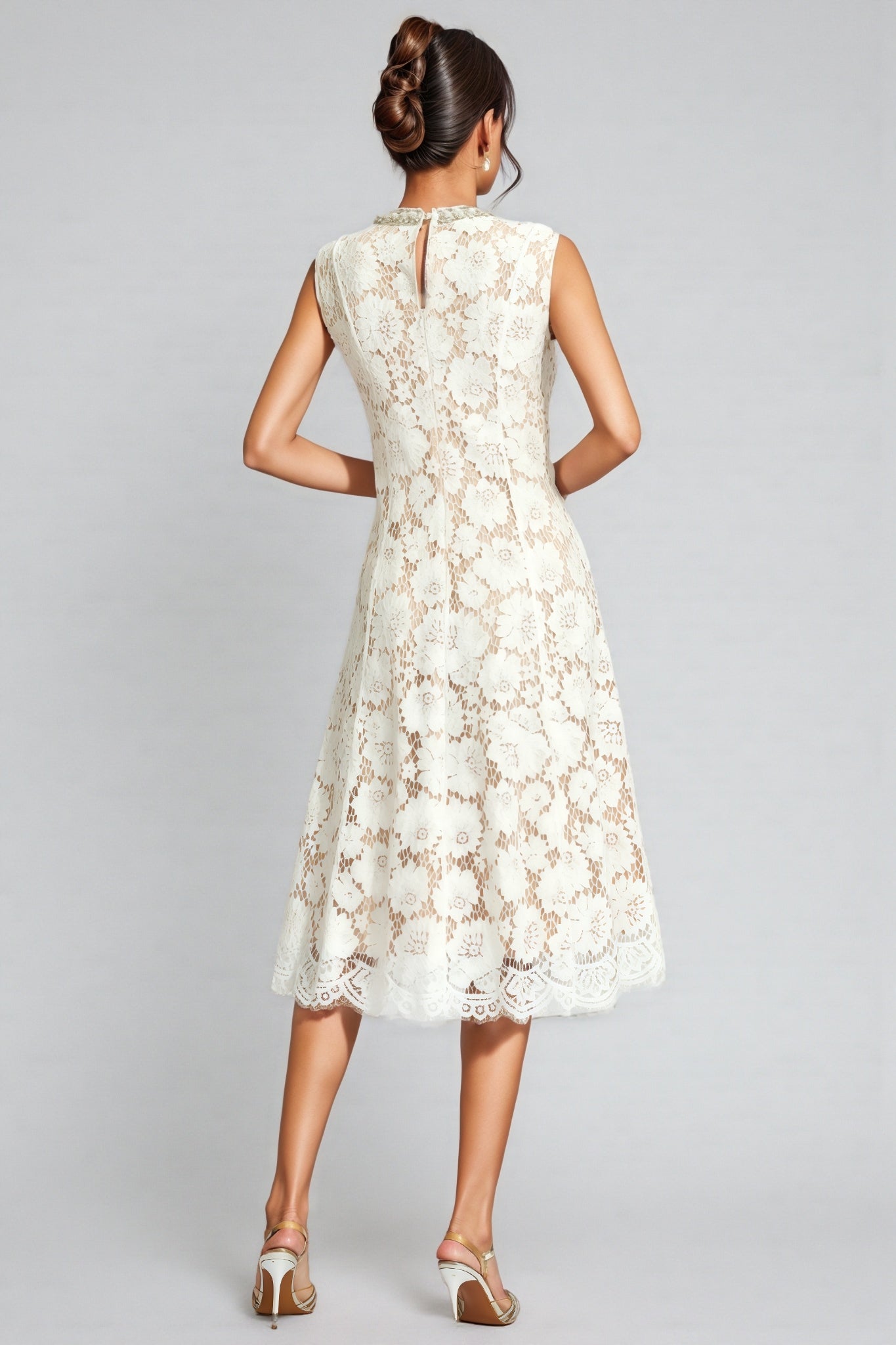 Carlota White Lace Embellished Midi Dress