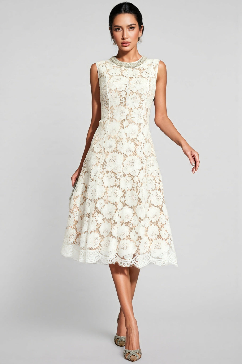 Carlota White Lace Embellished Midi Dress