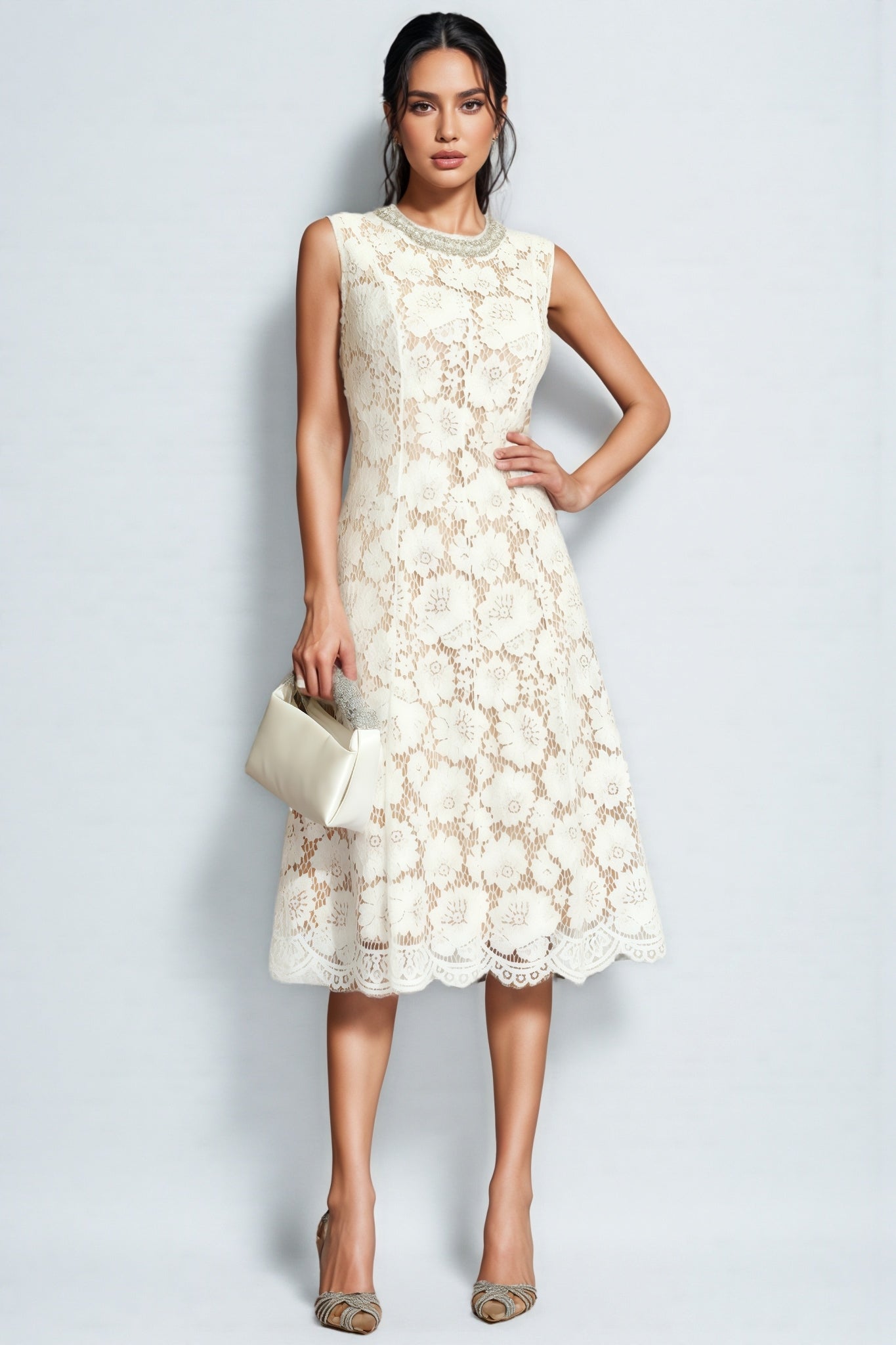 Carlota White Lace Embellished Midi Dress