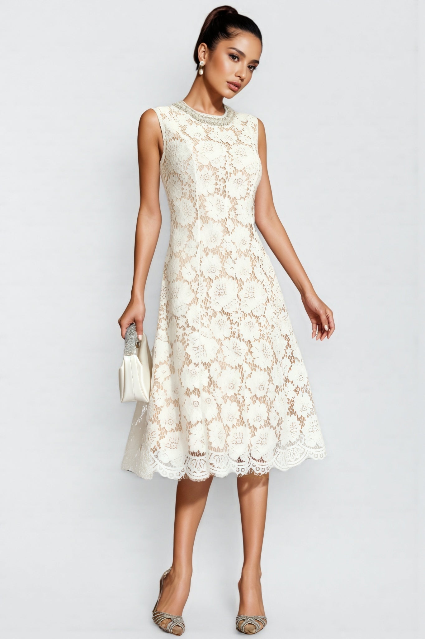 Carlota White Lace Embellished Midi Dress