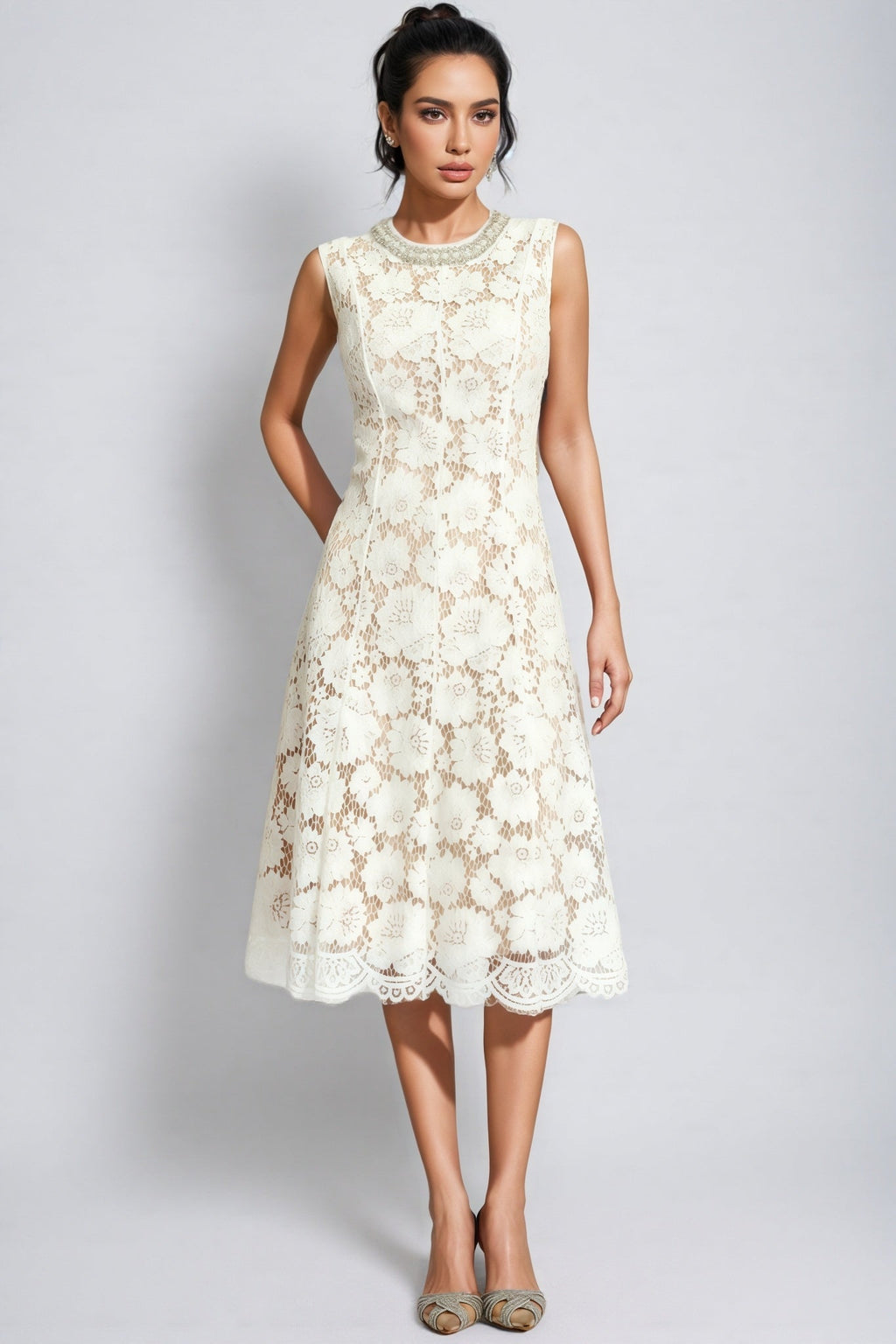 Carlota White Lace Embellished Midi Dress