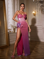 Strapless Sequin Floral Appliqué Corset Bodice Slit Maxi Dress
