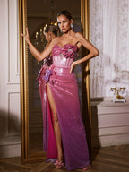 Strapless Sequin Floral Appliqué Corset Bodice Slit Maxi Dress