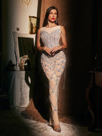 Rhinestone Heart Mesh Chain Drape Lattice Maxi Dress