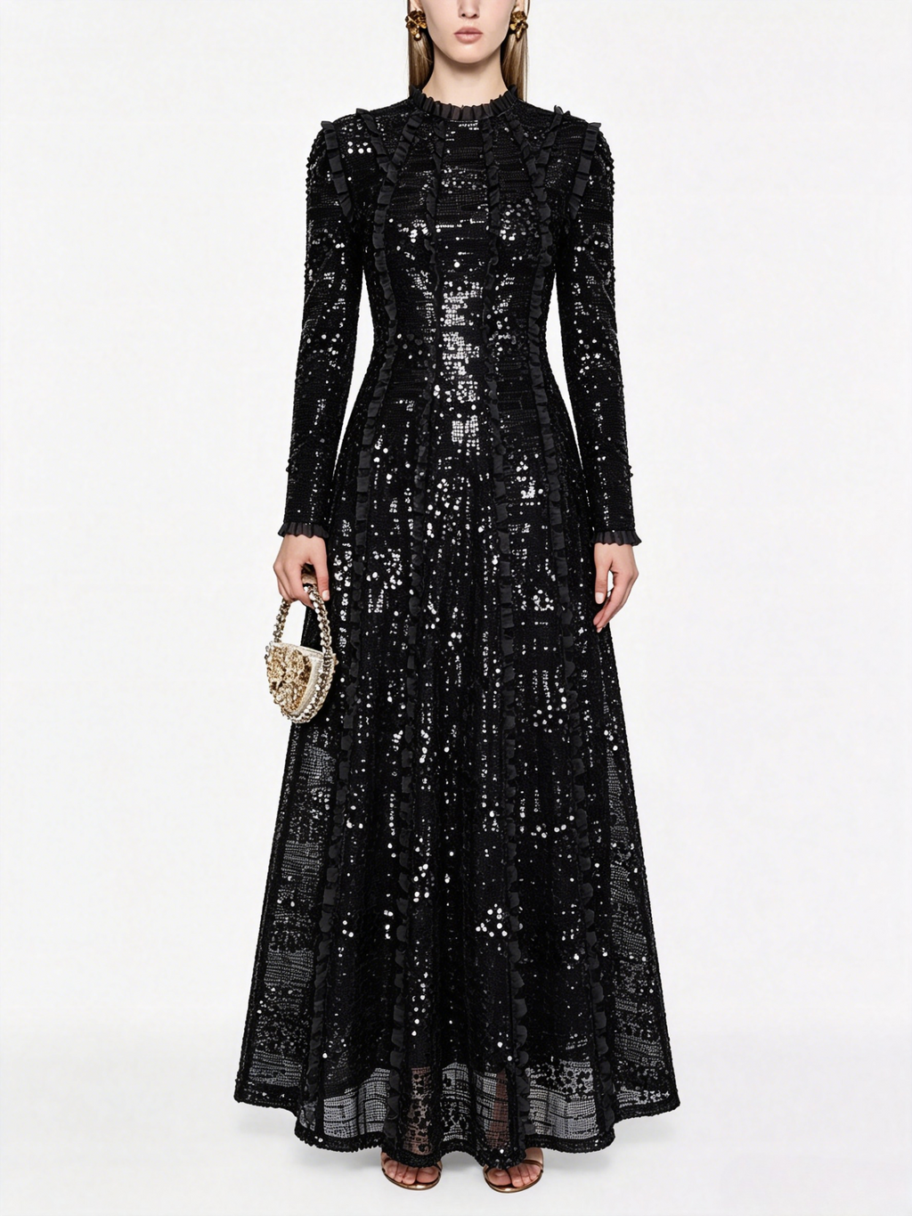 Party Dress Maxi Champagne Stand Collar Sequins Long Sleeves Elegant Semi Formal Dress