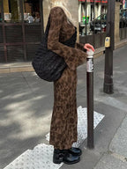 Botanical Print Crew Neck Long Sleeve Bell Cuff Mermaid Maxi Dress