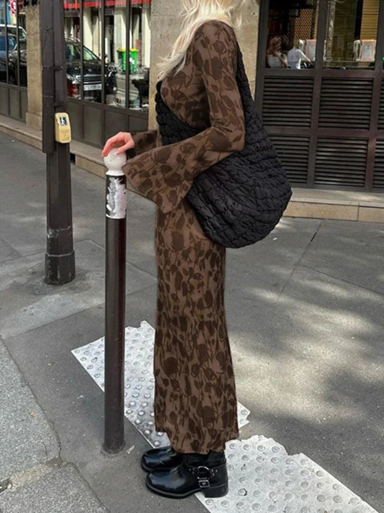 Botanical Print Crew Neck Long Sleeve Bell Cuff Mermaid Maxi Dress