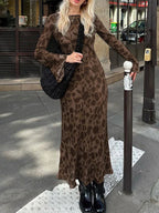 Botanical Print Crew Neck Long Sleeve Bell Cuff Mermaid Maxi Dress