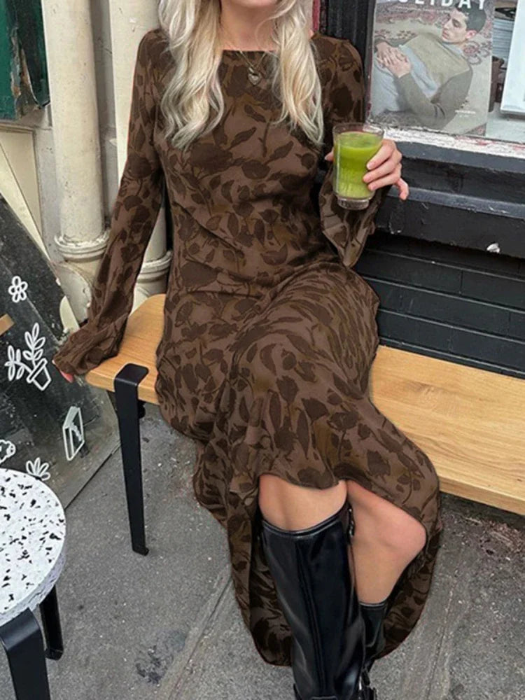 Botanical Print Crew Neck Long Sleeve Bell Cuff Mermaid Maxi Dress