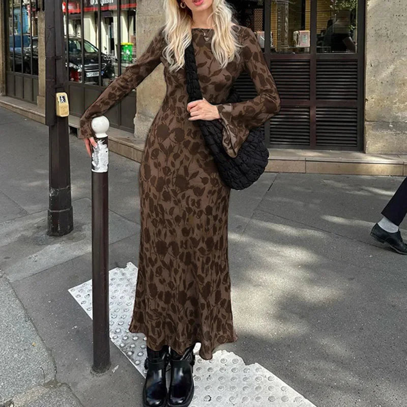 Botanical Print Crew Neck Long Sleeve Bell Cuff Mermaid Maxi Dress