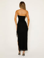 Strapless Floral Paisley Print High Slit Ruffle Trim Tube Maxi Dress