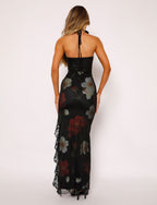 Strapless Floral Paisley Print High Slit Ruffle Trim Tube Maxi Dress