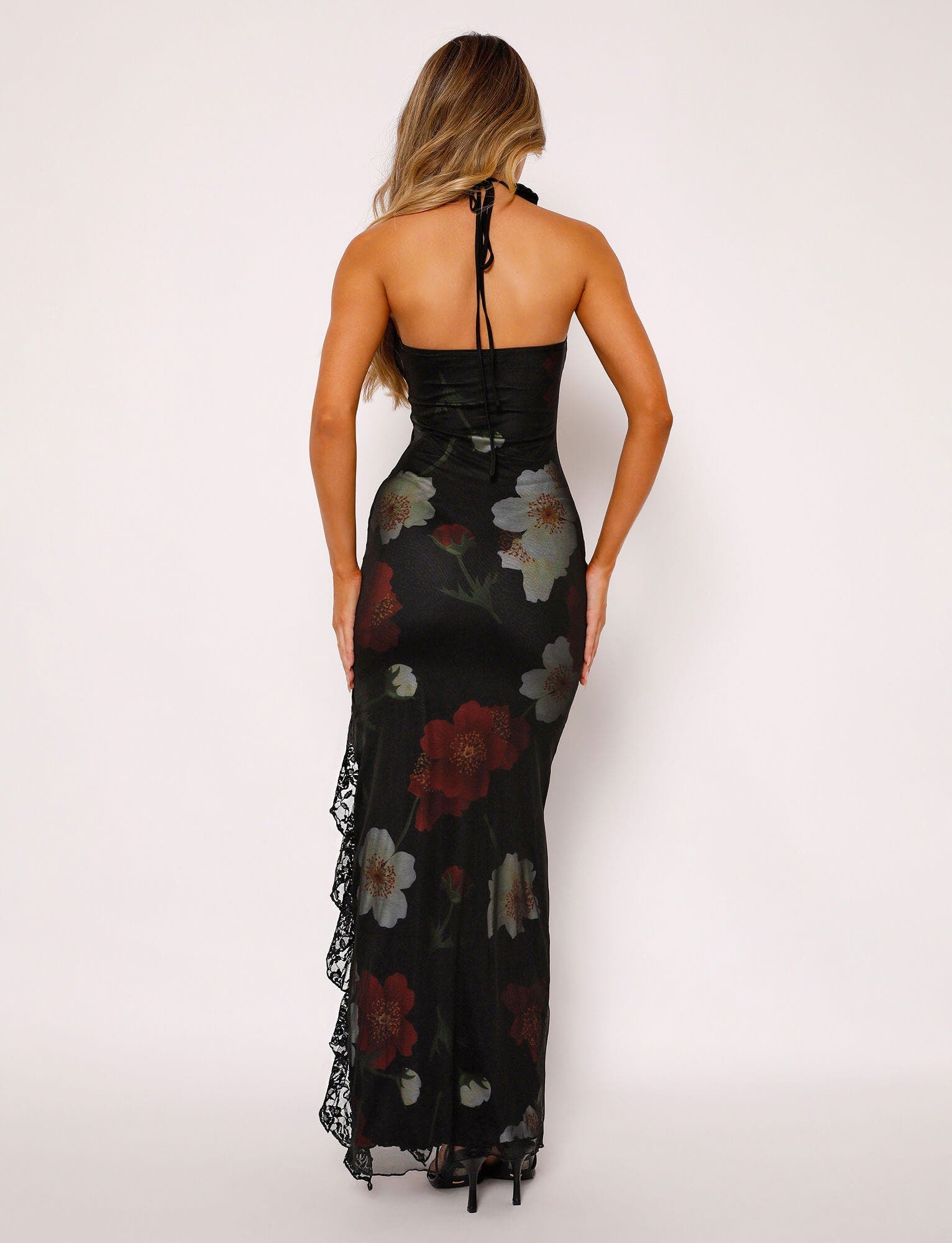Strapless Floral Paisley Print High Slit Ruffle Trim Tube Maxi Dress