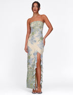 Strapless Floral Paisley Print High Slit Ruffle Trim Tube Maxi Dress