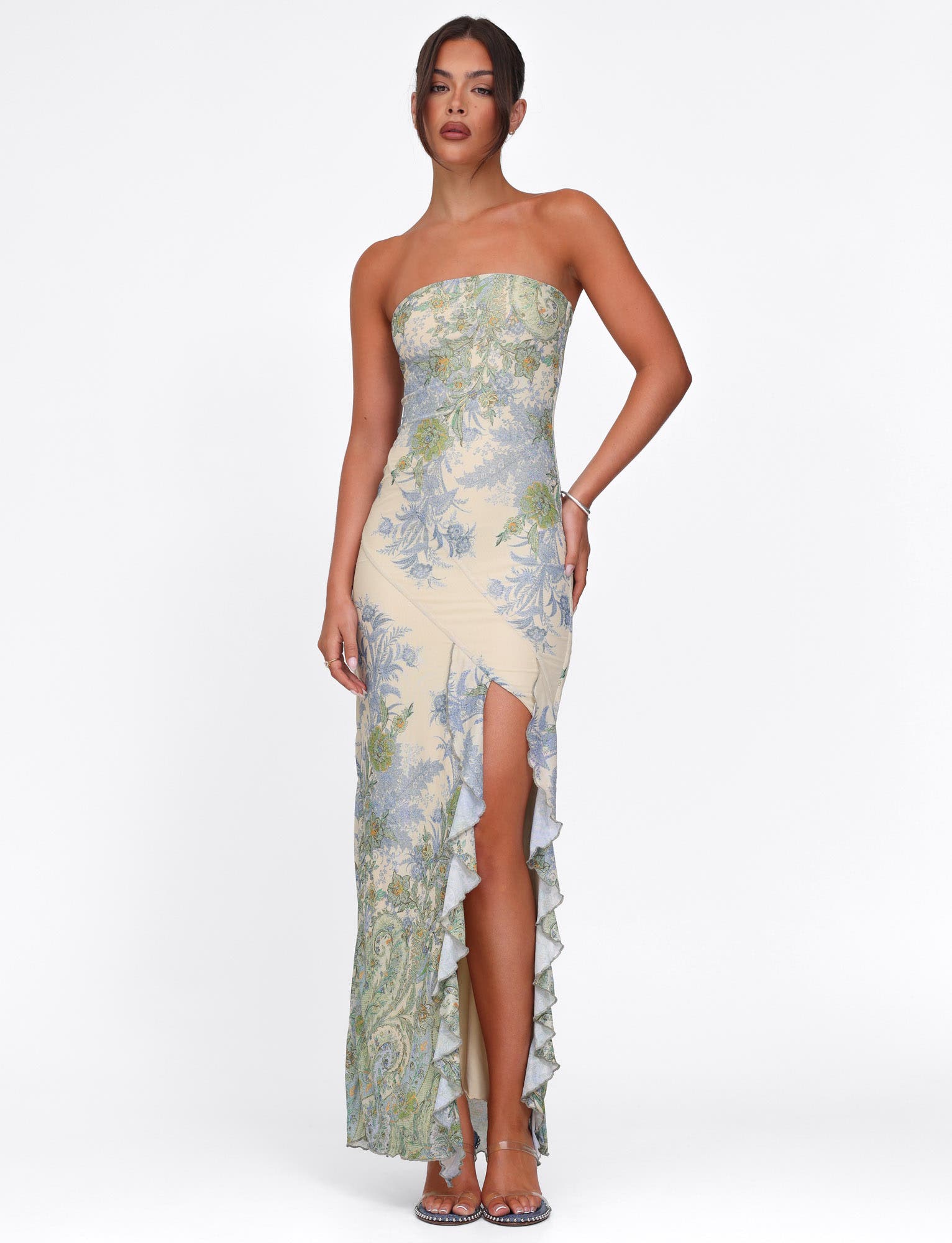 Strapless Floral Paisley Print High Slit Ruffle Trim Tube Maxi Dress