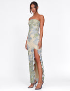 Strapless Floral Paisley Print High Slit Ruffle Trim Tube Maxi Dress